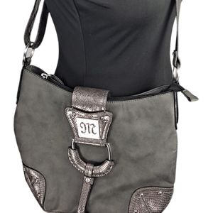 MISS ME Gray Crossbody Faux Snake Skin Handbag Purse Large Buckle Studded.